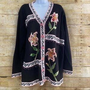 Vintage Storybook Knit sweater size large style Lilies of the Night black